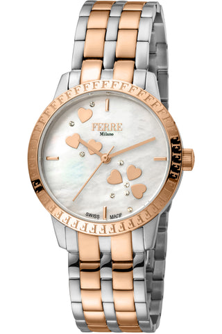 Front view of Ferre Milano FM1L128M0051 Mother Of Pearl Dial Rose Gold Stainless Steel Womens Watch on white background