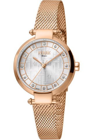 Front view of Ferre Milano FM1L134M0071 Grey Dial Rose Gold Stainless Steel Womens Watch on white background