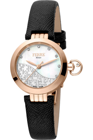 Front view of Ferre Milano FM1L148L0031 Mother Of Pearl Dial Black Leather Womens Watch on white background