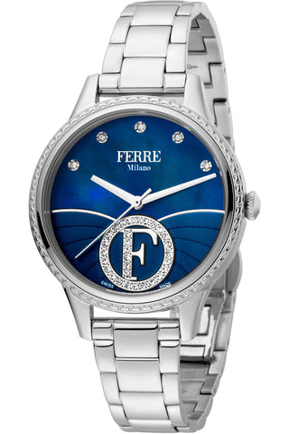 Front view of Ferre Milano FM1L167M0061 Blue Dial Grey Stainless Steel Womens Watch on white background