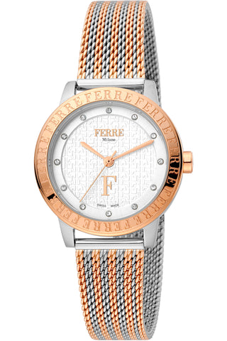 Front view of Ferre Milano FM1L174M0091 Grey Dial Rose Gold Stainless Steel Womens Watch on white background