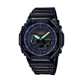 Front view of Casio G-Shock GA-2100RGB-1AER Black Resin Mens Watch on white background