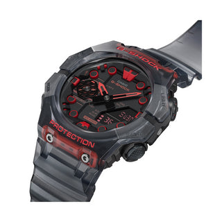 Angle shot of Casio G-Shock GA-B001G-1AER Red Dial Grey Resin Mens Watch on white background