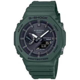 Front view of Casio G-Shock GA-B2100-3AER Black Dial Green Resin Mens Watch on white background