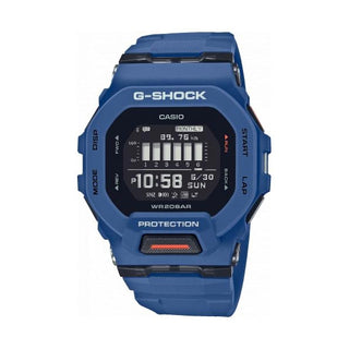 Front view of Casio G-Shock GBD-200-2ER Black Dial Blue Resin Mens Watch on white background