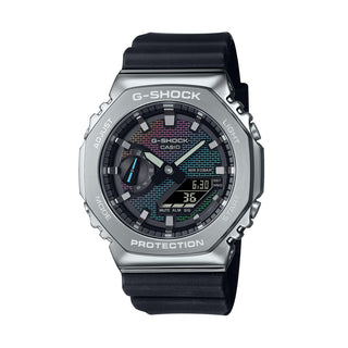 Front view of Casio Oak Metal Covered Rainbow Brick Wall Serie GM-2100RW-1AER Mens Watch on white background