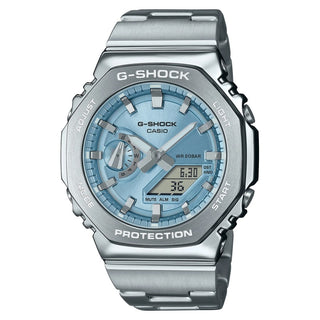 Front view of Casio Oak G-Steel Light Blue GM-2110D-2AER Mens Watch on white background