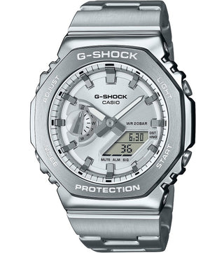 Front view of Casio Oak G-Steel Classic Silver GM-2110D-7AER Mens Watch on white background