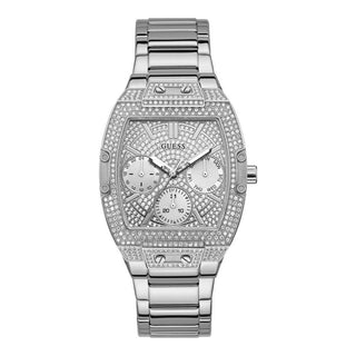 Front view of Guess Raven GW0104L1 Grey Stainless Steel Womens Watch on white background