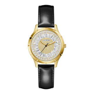 Front view of Guess Glamour GW0299L2 Gold Dial Black Leather Womens Watch on white background