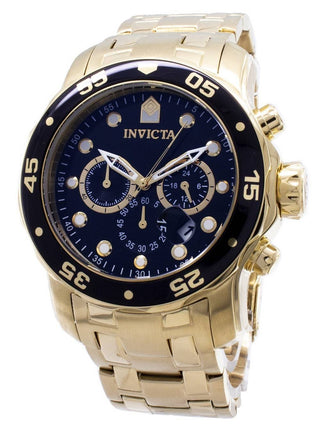 Front view of Invicta Pro Diver Chronograph INV0072 Black Dial Gold Stainless Steel Mens Watch on white background