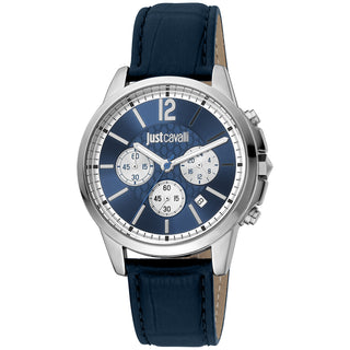 Front view of Just Cavalli Sport JC1G175 Crono Classe Chronograph JC1G175L0225 Blue Leather Mens Watch on white background