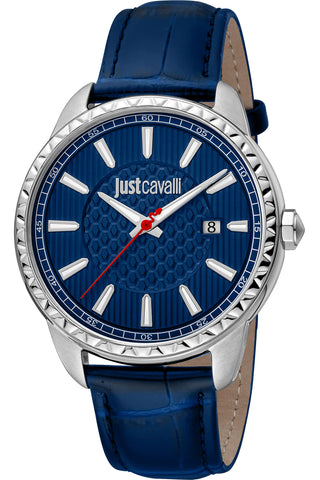 Front view of Just Cavalli Modern JC1G176 Indici JC1G176L0125 Blue Leather Mens Watch on white background