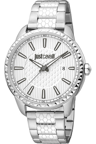 Front view of Just Cavalli Modern JC1G176 Indici JC1G176M0145 Grey Stainless Steel Mens Watch on white background