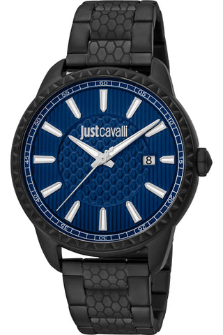 Front view of Just Cavalli Modern JC1G176 Indici JC1G176M0175 Blue Dial Black Stainless Steel Mens Watch on white background