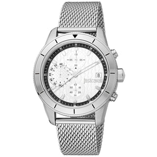 Front view of Just Cavalli Relaxed JC1G215 Crono Maglia Chronograph JC1G215M0045 Grey Stainless Steel Mens Watch on white background