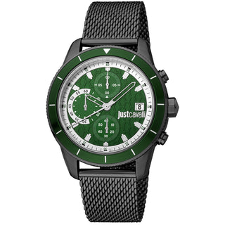 Front view of Just Cavalli Relaxed JC1G215 Crono Maglia Chronograph JC1G215M0065 Green Dial Black Stainless Steel Mens Watch on white background