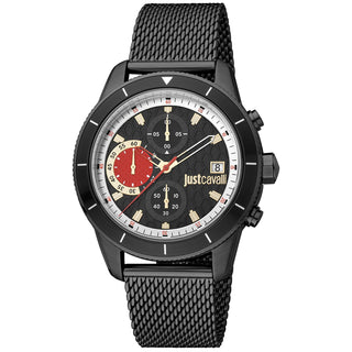 Front view of Just Cavalli Relaxed JC1G215 Crono Maglia Chronograph JC1G215M0075 Black Stainless Steel Mens Watch on white background