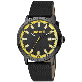 Front view of Just Cavalli Young JC1G216 Regolare JC1G216L0045 Yellow Dial Black Leather Mens Watch on white background