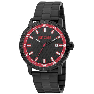 Front view of Just Cavalli Young JC1G216 Regolare JC1G216M0065 Red Dial Black Stainless Steel Mens Watch on white background