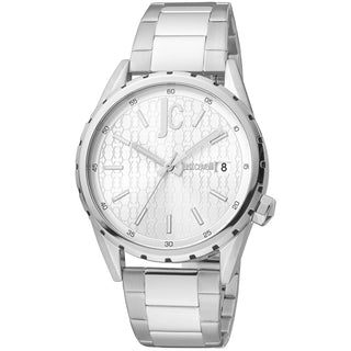 Front view of Just Cavalli Relaxed JC1G217 Casuale JC1G217M0055 Grey Stainless Steel Mens Watch on white background