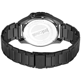 Angle shot of Just Cavalli Relaxed JC1G217 Casuale JC1G217M0085 Blue Dial Black Stainless Steel Mens Watch on white background