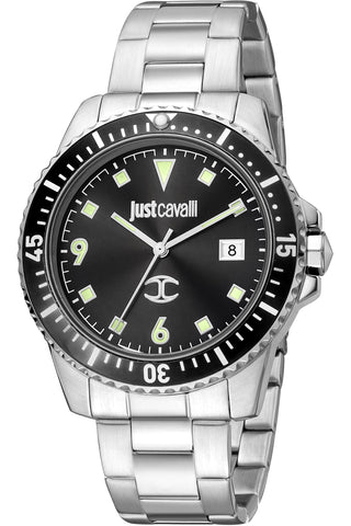 Front view of Just Cavalli Young JC1G246 Uomo Per Lui JC1G246M0065 Black Dial Grey Stainless Steel Mens Watch on white background