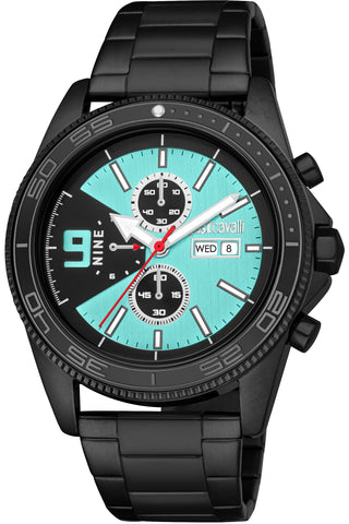 Front view of Just Cavalli Young JC1G282 Subversia Chronograph JC1G282M0065 Black Stainless Steel Mens Watch on white background