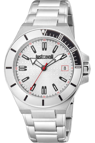 Front view of Just Cavalli Young JC1G318 Swaggy JC1G318M0055 Grey Stainless Steel Mens Watch on white background