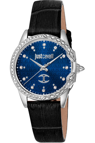 Front view of Just Cavalli Animalier JC1L095 Diva JC1L095L0315 Blue Dial Black Leather Womens Watch on white background