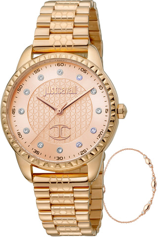 Front view of Just Cavalli SET JC1L176 Regali JC1L176M0075 Rose Gold Stainless Steel Womens Watch on white background