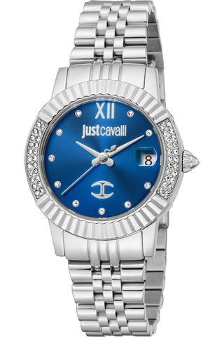 Front view of Just Cavalli Glam Chic JC1L199 Glam JC1L199M0015 Blue Dial Grey Stainless Steel Womens Watch on white background