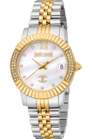 Front view of Just Cavalli Glam Chic JC1L199 Glam JC1L199M0055 Mother Of Pearl Dial Grey Stainless Steel Womens Watch on white background