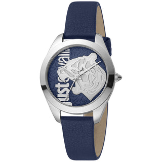 Front view of Just Cavalli Animalier JC1L210 Pantera JC1L210L0115 Blue Leather Womens Watch on white background