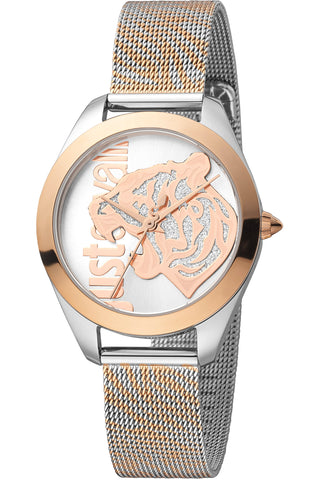 Front view of Just Cavalli Animalier JC1L210 Pantera JC1L210M0075 Rose Gold Dial Grey Stainless Steel Womens Watch on white background