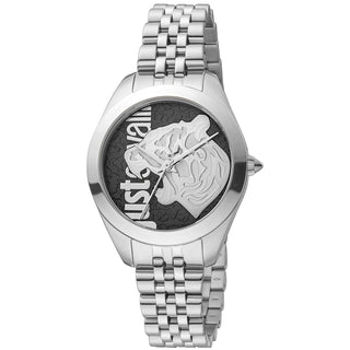 Front view of Just Cavalli Animalier JC1L210 Pantera JC1L210M0145 Grey Stainless Steel Womens Watch on white background