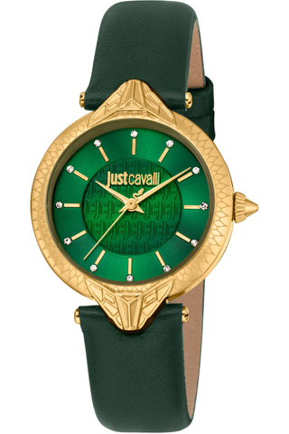 Front view of Just Cavalli Animalier JC1L237 Creazione JC1L237L0025 Green Leather Womens Watch on white background