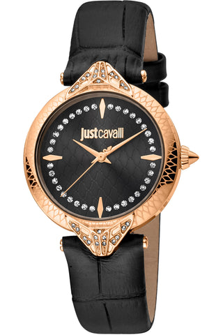 Front view of Just Cavalli Animalier JC1L238 Luce JC1L238L0035 Black Leather Womens Watch on white background