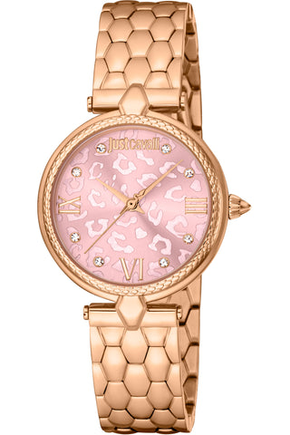 Front view of Just Cavalli Glam Chic JC1L254 Donna Leopardo JC1L254M0075 Pink Dial Rose Gold Stainless Steel Womens Watch on white background