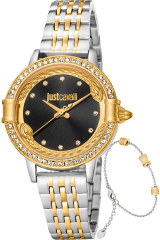 Front view of Just Cavalli SET JC1L255 Stravagante JC1L255M0095 Grey Dial Gold Stainless Steel Womens Watch on white background