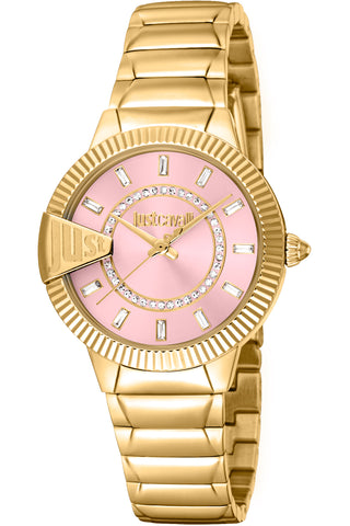 Front view of Just Cavalli Glam Chic JC1L256 Puntale JC1L256M0065 Pink Dial Gold Stainless Steel Womens Watch on white background