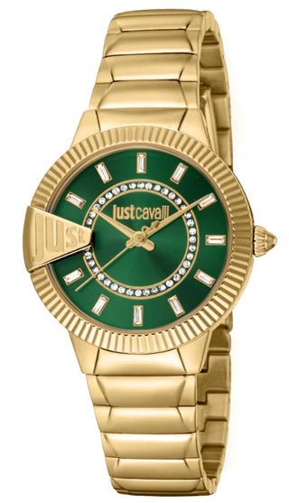 Front view of Just Cavalli Glam Chic JC1L256 Puntale JC1L256M0075 Green Dial Gold Stainless Steel Womens Watch on white background