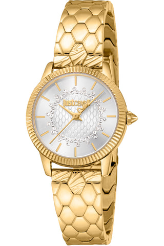 Front view of Just Cavalli Glam Chic JC1L258 Daydreamer JC1L258M0235 Mother Of Pearl Dial Gold Stainless Steel Womens Watch on white background