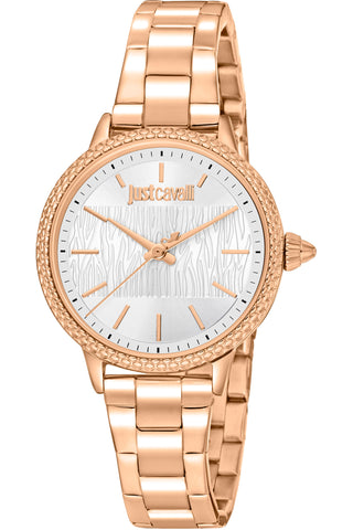 Front view of Just Cavalli Animalier JC1L259 Miraggio JC1L259M0075 Grey Dial Rose Gold Stainless Steel Womens Watch on white background