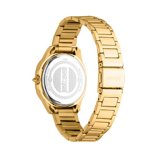 Angle shot of Just Cavalli Glam Chic JC1L263 Quadro JC1L263M0055 Grey Dial Gold Stainless Steel Womens Watch on white background