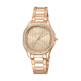 Front view of Just Cavalli Glam Chic JC1L263 Quadro JC1L263M0075 Rose Gold Stainless Steel Womens Watch on white background