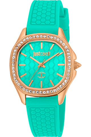 Front view of Just Cavalli Glam Chic JC1L263 Quadro JC1L263P0035 Silicon Womens Watch on white background