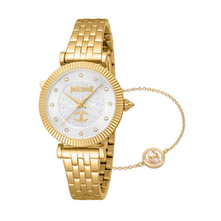 Front view of Just Cavalli SET JC1L266 Unleashed JC1L266M0025 Grey Dial Gold Stainless Steel Womens Watch on white background