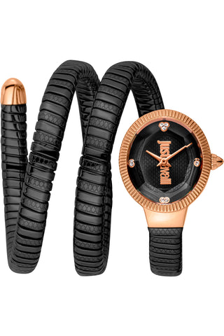 Front view of Just Cavalli Signature Snake JC1L269 After Party JC1L269M0075 Black Dial Rose Gold Stainless Steel Womens Watch on white background