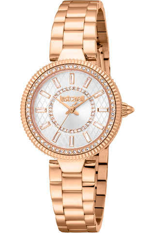 Front view of Just Cavalli Glam Chic JC1L308 Ostentatious JC1L308M0075 Grey Dial Rose Gold Stainless Steel Womens Watch on white background